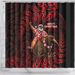 New Zealand Christmas Shower Curtain Red Santa Riding Kiwi Bird Silver Fern