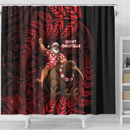 New Zealand Christmas Shower Curtain Red Santa Riding Kiwi Bird Silver Fern