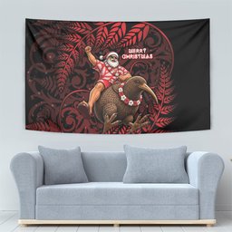 New Zealand Christmas Tapestry Red Santa Riding Kiwi Bird Silver Fern