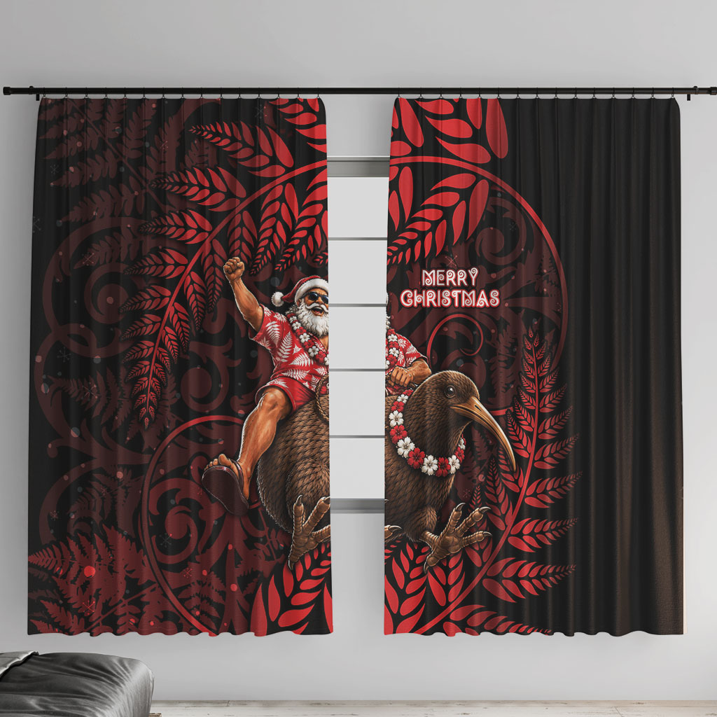 New Zealand Christmas Window Curtain Red Santa Riding Kiwi Bird Silver Fern
