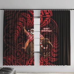 New Zealand Christmas Window Curtain Red Santa Riding Kiwi Bird Silver Fern