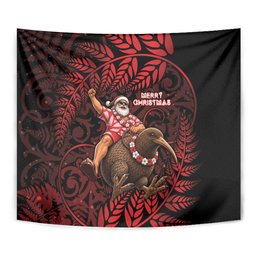 New Zealand Christmas Tapestry Red Santa Riding Kiwi Bird Silver Fern