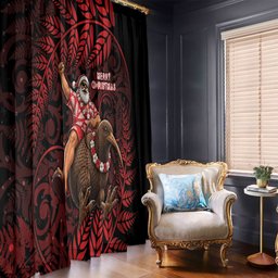 New Zealand Christmas Window Curtain Red Santa Riding Kiwi Bird Silver Fern