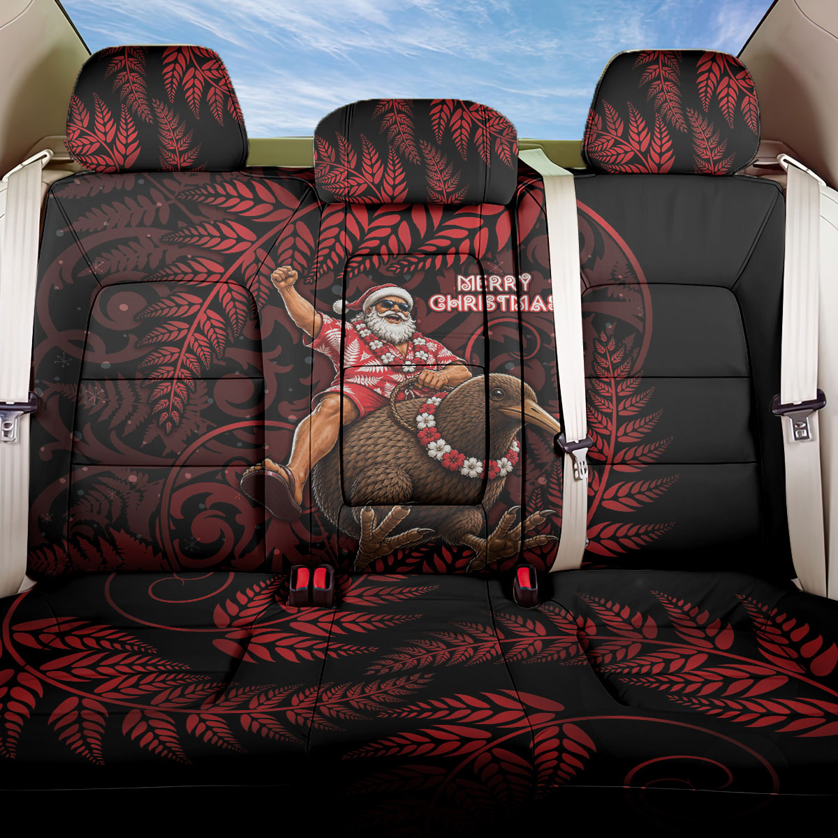 New Zealand Christmas Back Car Seat Cover Red Santa Riding Kiwi Bird Silver Fern