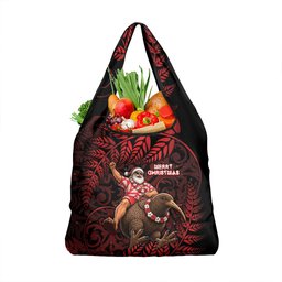 New Zealand Christmas Grocery Bag Red Santa Riding Kiwi Bird Silver Fern