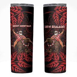 New Zealand Christmas Skinny Tumbler Red Santa Riding Kiwi Bird Silver Fern