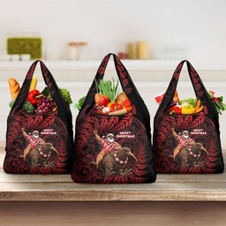 New Zealand Christmas Grocery Bag Red Santa Riding Kiwi Bird Silver Fern