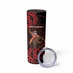 New Zealand Christmas Skinny Tumbler Red Santa Riding Kiwi Bird Silver Fern