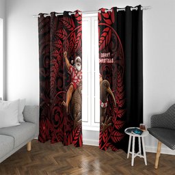 New Zealand Christmas Window Curtain Red Santa Riding Kiwi Bird Silver Fern