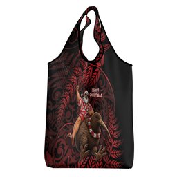 New Zealand Christmas Grocery Bag Red Santa Riding Kiwi Bird Silver Fern