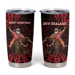 New Zealand Christmas Tumbler Cup Red Santa Riding Kiwi Bird Silver Fern