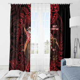 New Zealand Christmas Window Curtain Red Santa Riding Kiwi Bird Silver Fern