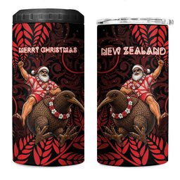 New Zealand Christmas 4 in 1 Can Cooler Tumbler Red Santa Riding Kiwi Bird Silver Fern