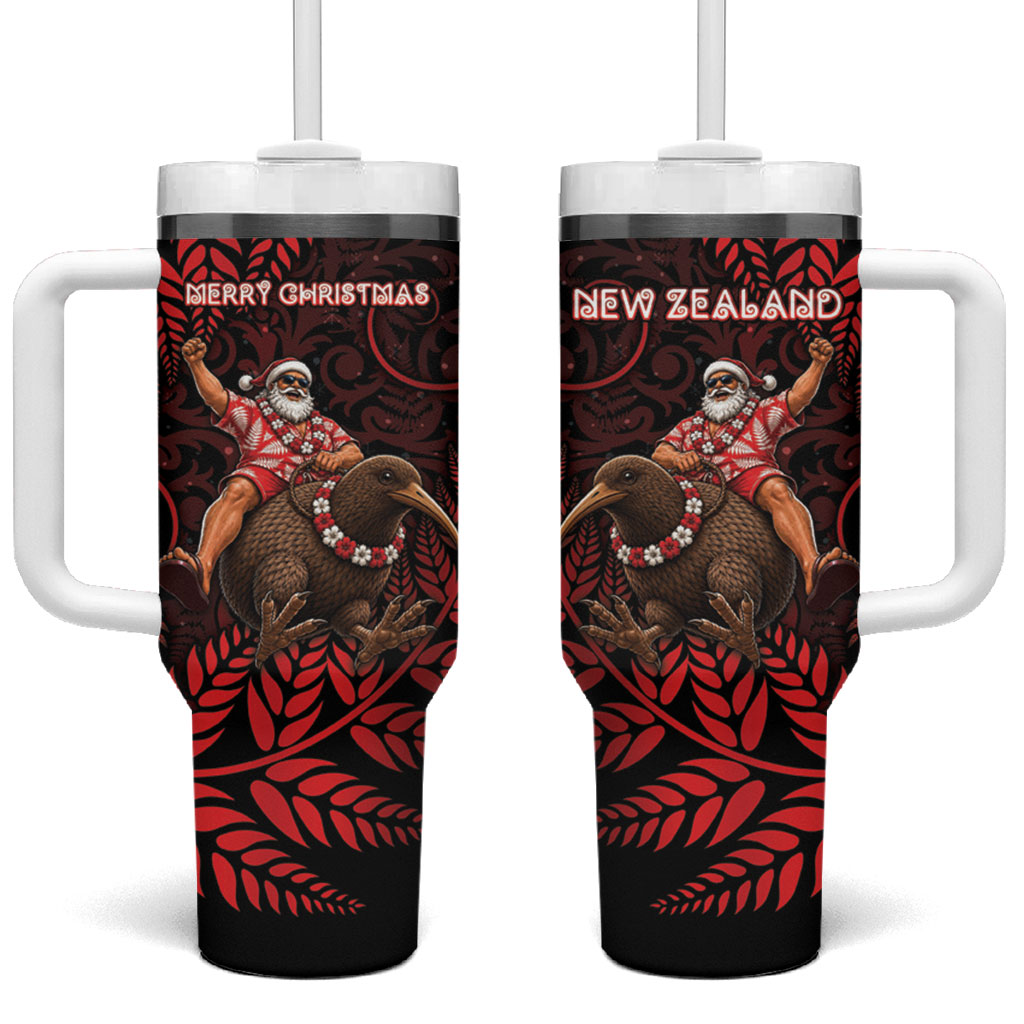 New Zealand Christmas Tumbler With Handle Red Santa Riding Kiwi Bird Silver Fern