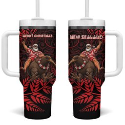 New Zealand Christmas Tumbler With Handle Red Santa Riding Kiwi Bird Silver Fern