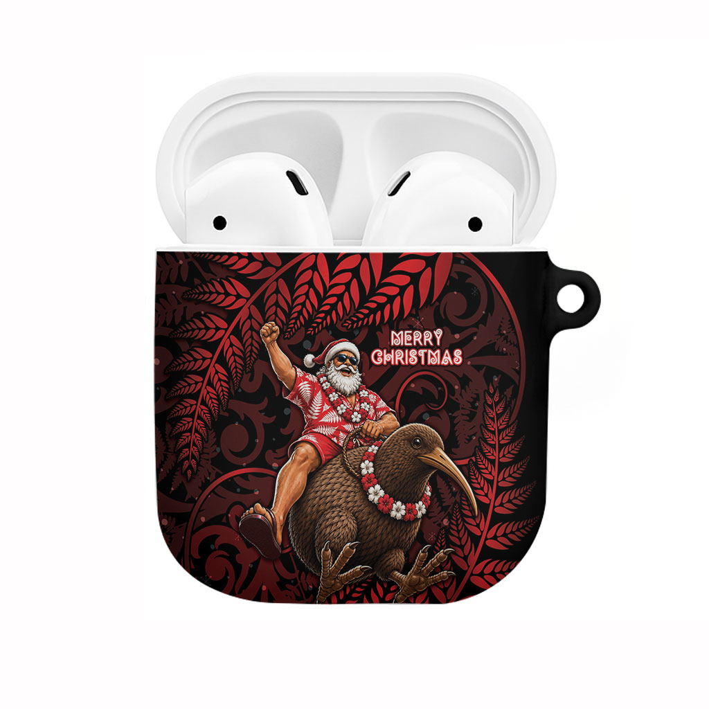 New Zealand Christmas AirPods Case Red Santa Riding Kiwi Bird Silver Fern