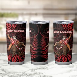 New Zealand Christmas Tumbler Cup Red Santa Riding Kiwi Bird Silver Fern