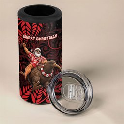 New Zealand Christmas 4 in 1 Can Cooler Tumbler Red Santa Riding Kiwi Bird Silver Fern