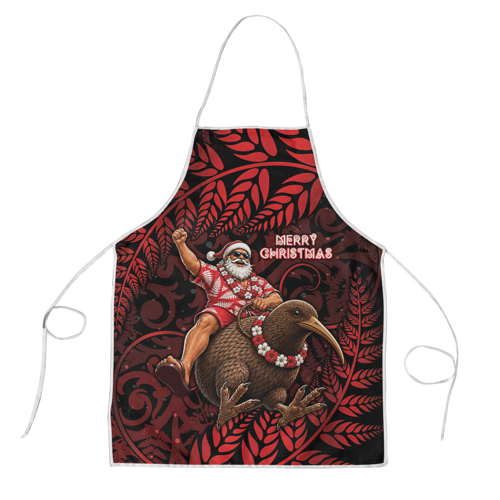 New Zealand Christmas Apron Red Santa Riding Kiwi Bird Silver Fern
