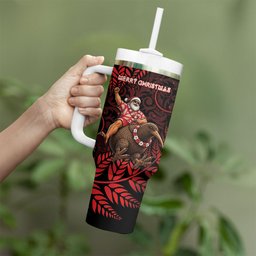New Zealand Christmas Tumbler With Handle Red Santa Riding Kiwi Bird Silver Fern