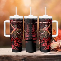 New Zealand Christmas Tumbler With Handle Red Santa Riding Kiwi Bird Silver Fern
