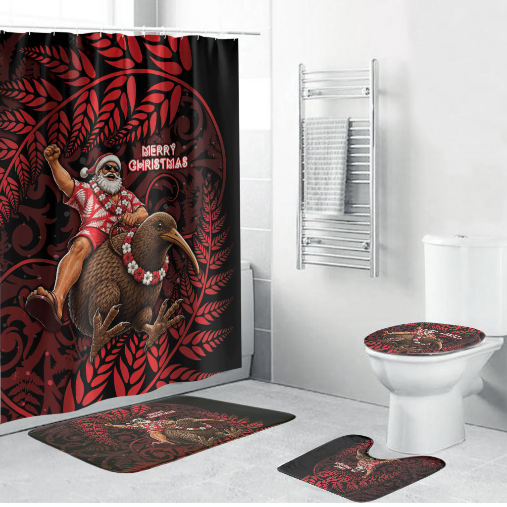 New Zealand Christmas Bathroom Set Red Santa Riding Kiwi Bird Silver Fern