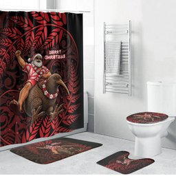 New Zealand Christmas Bathroom Set Red Santa Riding Kiwi Bird Silver Fern