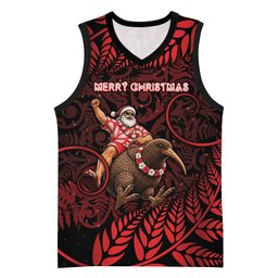 New Zealand Christmas Basketball Jersey Red Santa Riding Kiwi Bird Silver Fern
