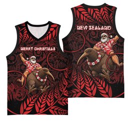 New Zealand Christmas Basketball Jersey Red Santa Riding Kiwi Bird Silver Fern