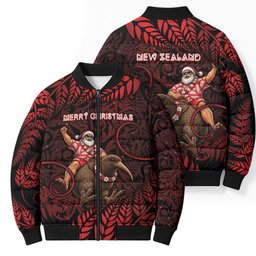New Zealand Christmas Bomber Puffer Jacket Red Santa Riding Kiwi Bird Silver Fern