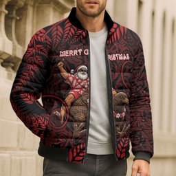 New Zealand Christmas Bomber Puffer Jacket Red Santa Riding Kiwi Bird Silver Fern