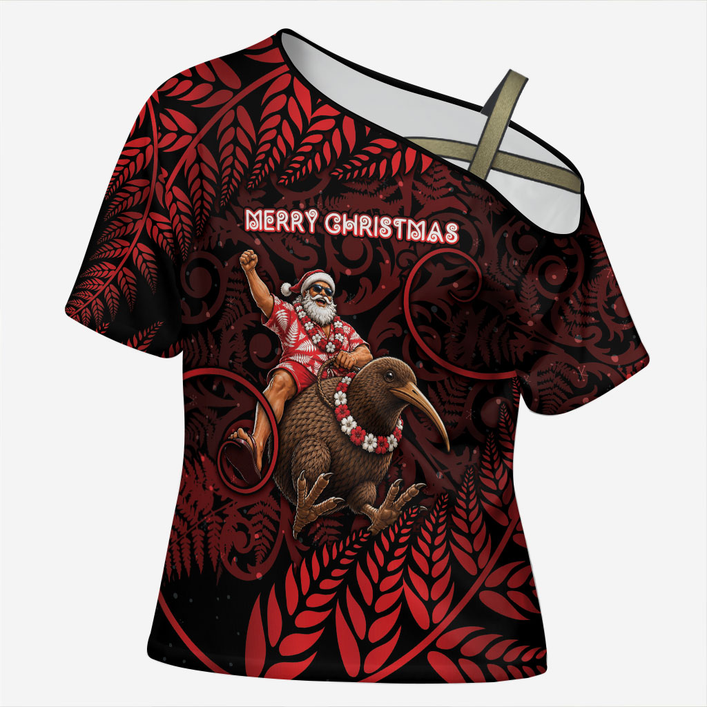 New Zealand Christmas Cross Shoulder Shirt Red Santa Riding Kiwi Bird Silver Fern