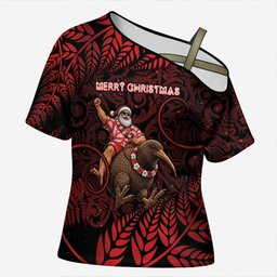 New Zealand Christmas Cross Shoulder Shirt Red Santa Riding Kiwi Bird Silver Fern