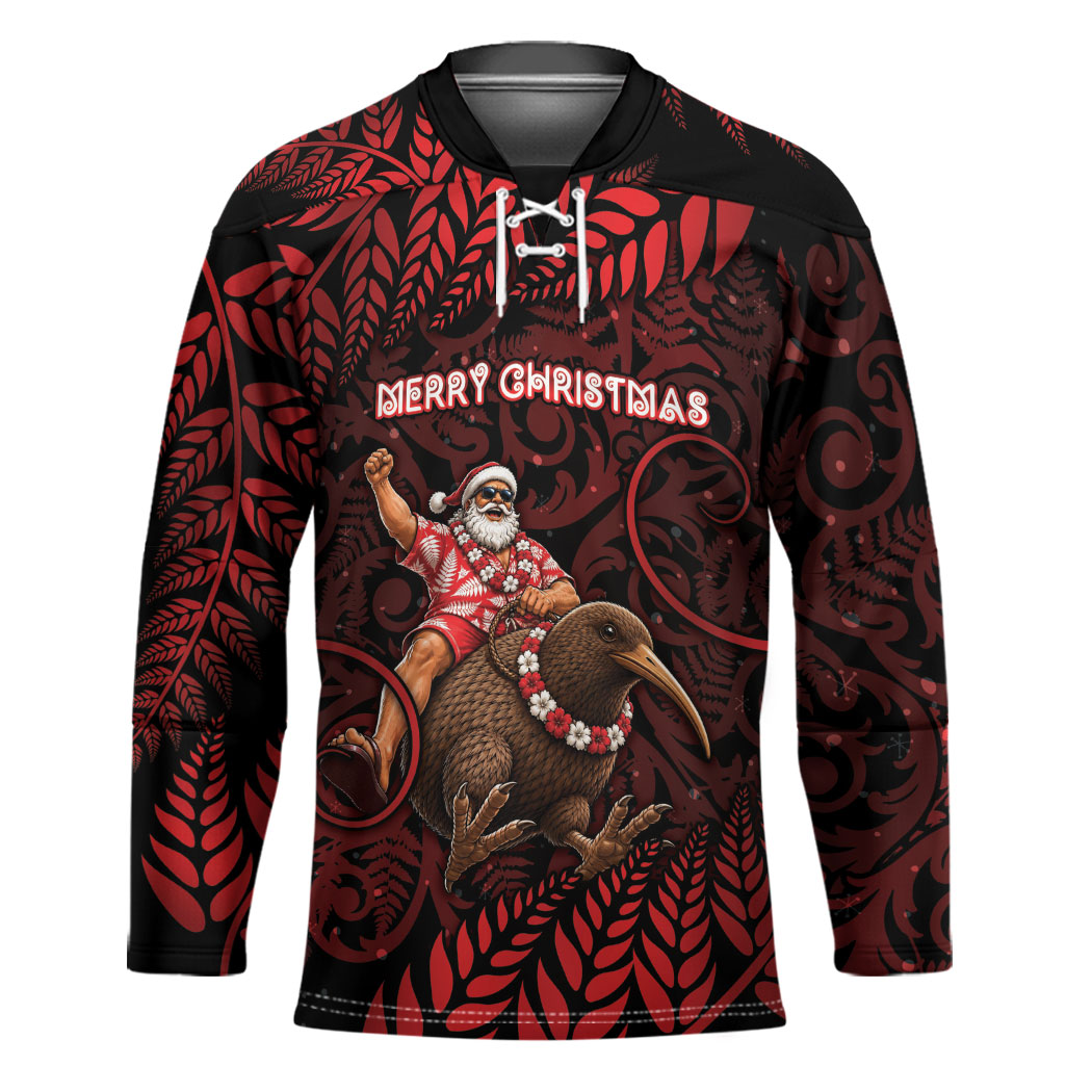 New Zealand Christmas Hockey Jersey Red Santa Riding Kiwi Bird Silver Fern