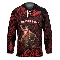 New Zealand Christmas Hockey Jersey Red Santa Riding Kiwi Bird Silver Fern