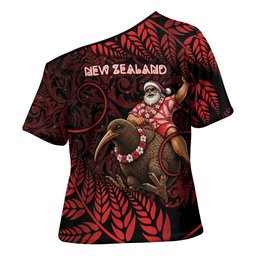 New Zealand Christmas Cross Shoulder Shirt Red Santa Riding Kiwi Bird Silver Fern