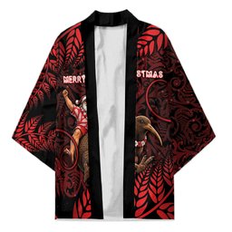 New Zealand Christmas Kimono Red Santa Riding Kiwi Bird Silver Fern