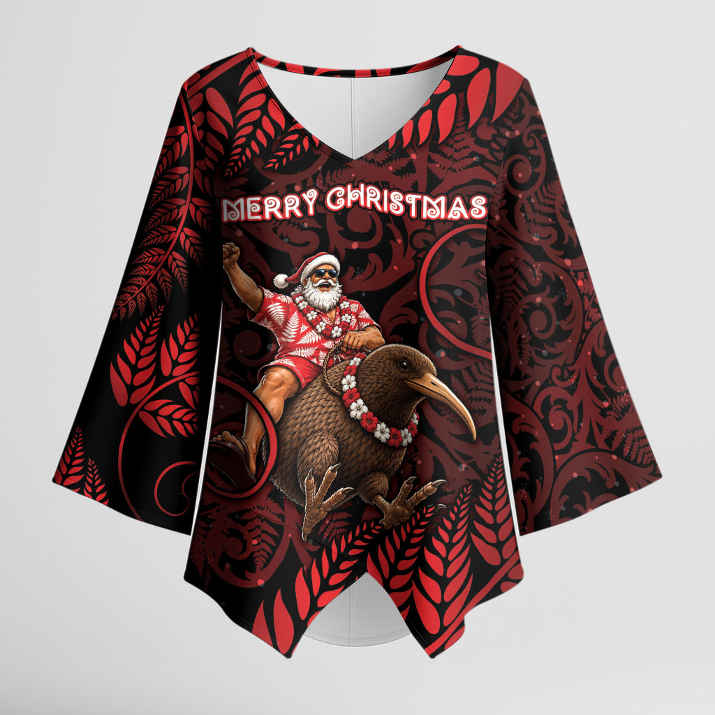 New Zealand Christmas Kimono Sleeve Blouse Red Santa Riding Kiwi Bird Silver Fern