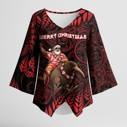 New Zealand Christmas Kimono Sleeve Blouse Red Santa Riding Kiwi Bird Silver Fern