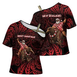 New Zealand Christmas Cross Shoulder Shirt Red Santa Riding Kiwi Bird Silver Fern