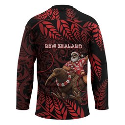 New Zealand Christmas Hockey Jersey Red Santa Riding Kiwi Bird Silver Fern