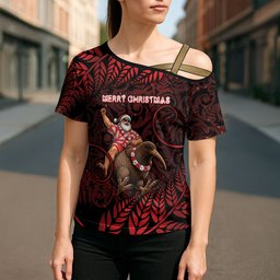 New Zealand Christmas Cross Shoulder Shirt Red Santa Riding Kiwi Bird Silver Fern