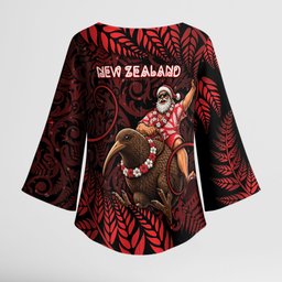 New Zealand Christmas Kimono Sleeve Blouse Red Santa Riding Kiwi Bird Silver Fern
