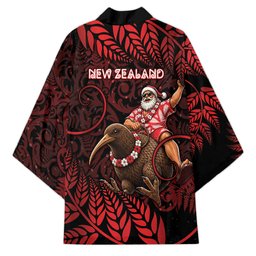 New Zealand Christmas Kimono Red Santa Riding Kiwi Bird Silver Fern