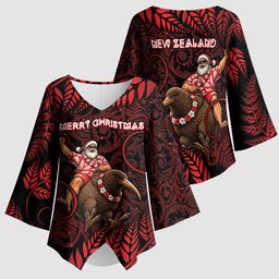 New Zealand Christmas Kimono Sleeve Blouse Red Santa Riding Kiwi Bird Silver Fern