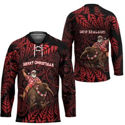 New Zealand Christmas Hockey Jersey Red Santa Riding Kiwi Bird Silver Fern