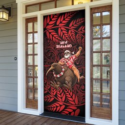 New Zealand Christmas Door Cover Red Santa Riding Kiwi Bird Silver Fern