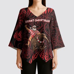 New Zealand Christmas Kimono Sleeve Blouse Red Santa Riding Kiwi Bird Silver Fern