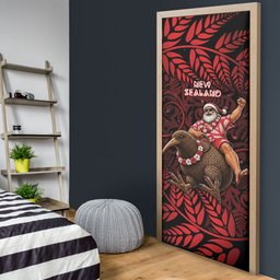New Zealand Christmas Door Cover Red Santa Riding Kiwi Bird Silver Fern