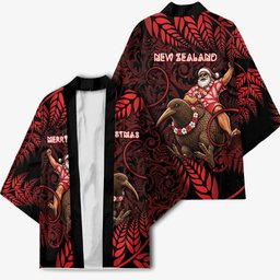 New Zealand Christmas Kimono Red Santa Riding Kiwi Bird Silver Fern